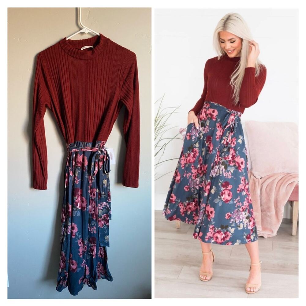 Reb. in J. NWT Red Floral Sweater Midi Dress